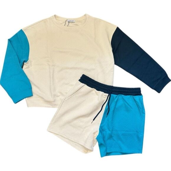 Blue Contrast Color Block Drop Shoulder Long Sleeve Top & Shorts Lounge Set NWT - Picture 3 of 13